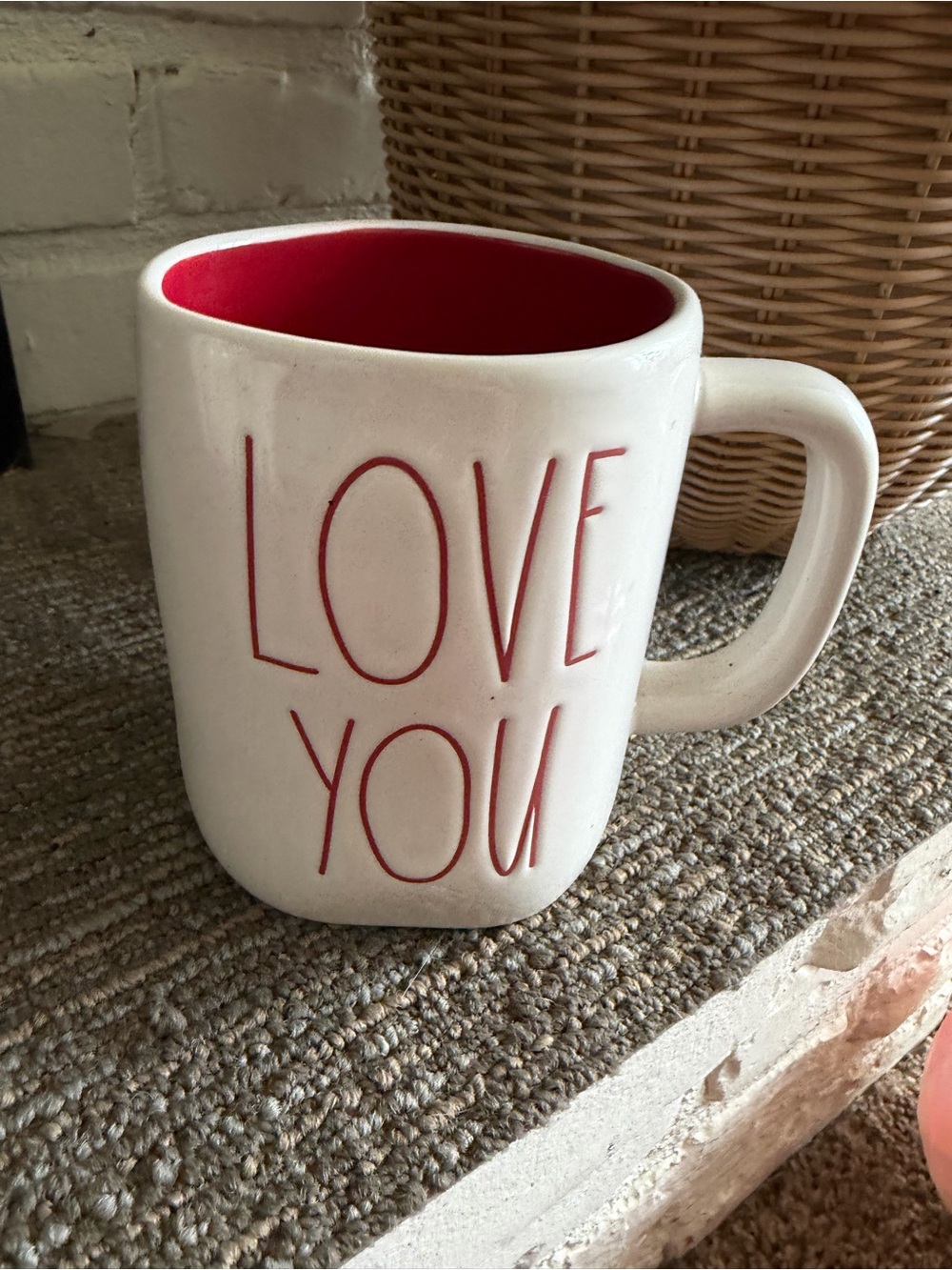 Rae Dunn White Ceramic Mug with Red Interior and Raised Red Lettering